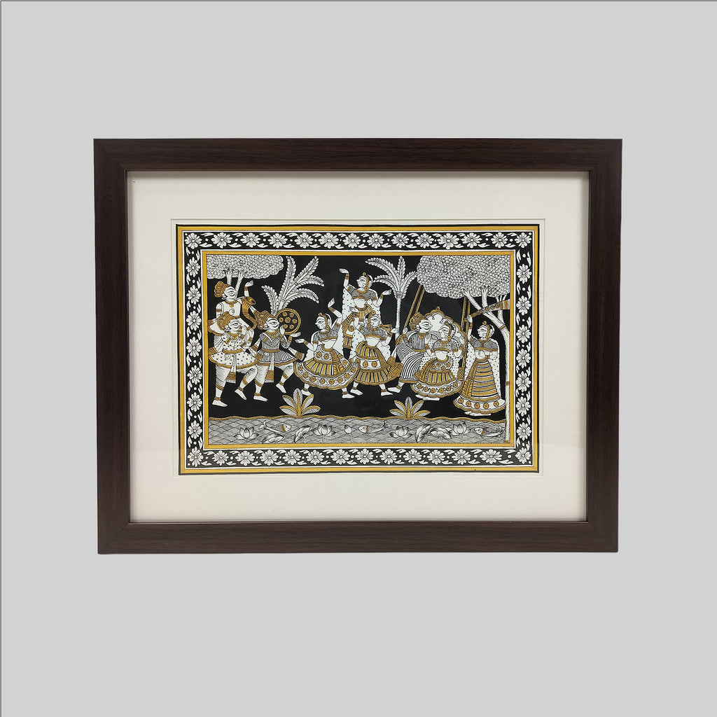 Phad Traditional Dancing B&W Painting (Frame) - 10 in x 14 in