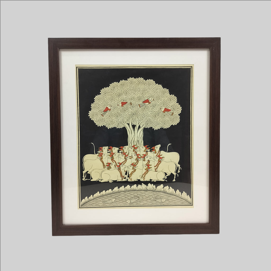 Phad Tree of Life with Cow Painting (Frame) - 13 in x 16 in