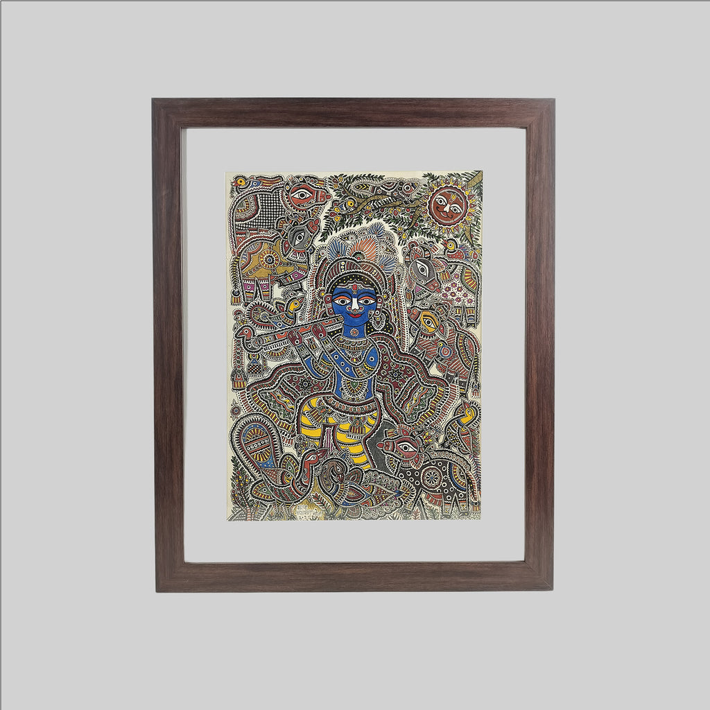 Madhubani Krishna in Vrindavan Painting (Frame) - 11 in x 15 in