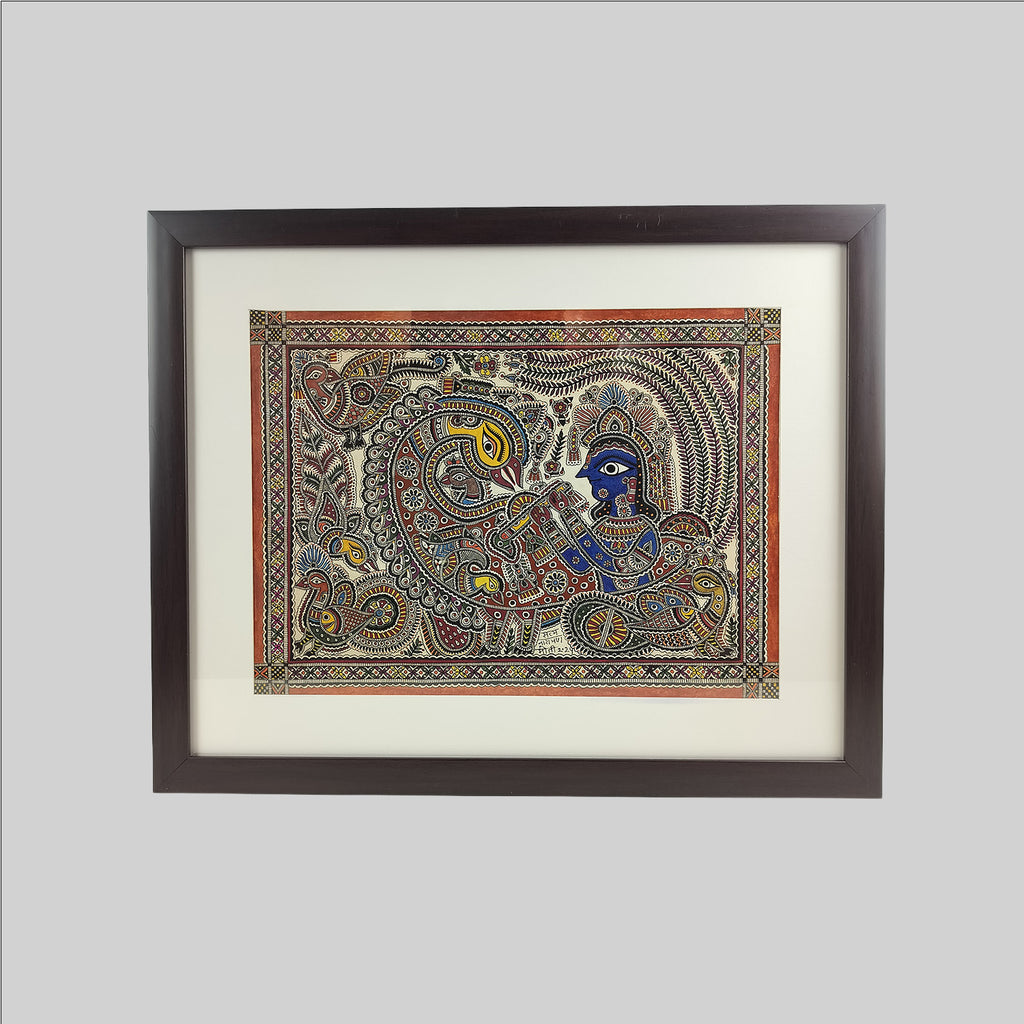 Madhubani Krishna Kunj Painting (Frame) - 15 in x 11 in