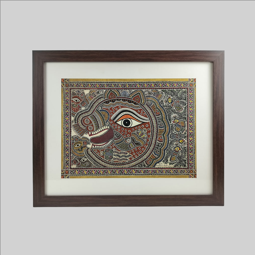 Madhubani Lion Face Painting (Frame) - 15 in x 11 in