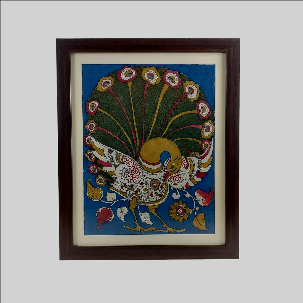 Kalamkari Peacock Painting (Frame) - 17 in x 14 in