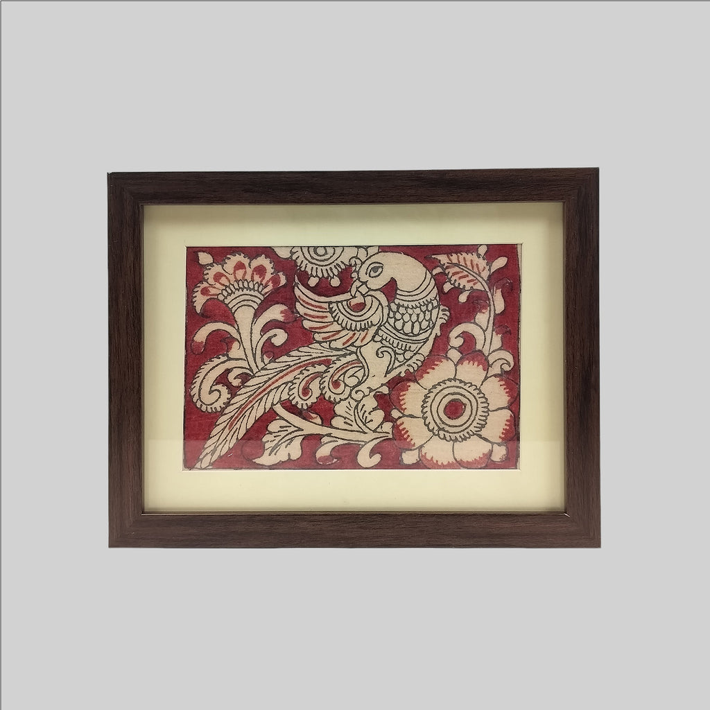 Kalamkari Peacock Painting (Frame) - 9 in x 10 in
