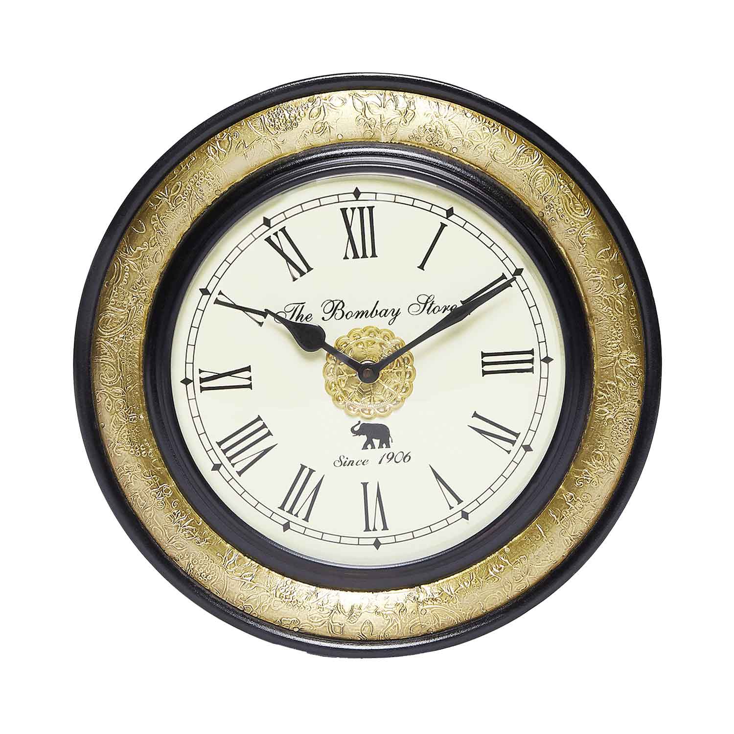 The Bombay Store Wooden Vintage Wall Clock with Brass Floral Engraving
