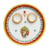 गैलरी व्यूवर में इमेज लोड करें, Marble Plate for Puja with Handpainted Ganesh and Two Diyas 9 in