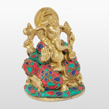 Load image into Gallery viewer, Brass Sitting Ganesh with Stonework 6 in
