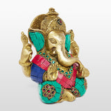 Load image into Gallery viewer, Brass Ganesh with Big Crown in Stonework 6 in