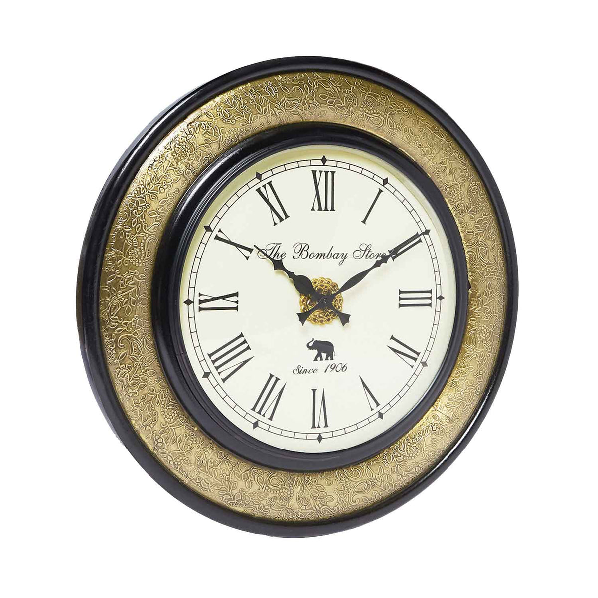 The Bombay Store Wooden Wall Clock with Floral Engraving on Brass Sheeting