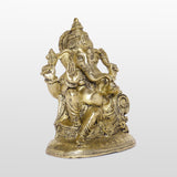 गैलरी व्यूवर में इमेज लोड करें, Brass Engraved Relaxing Ganesha with Crown &amp; Base - 10 in