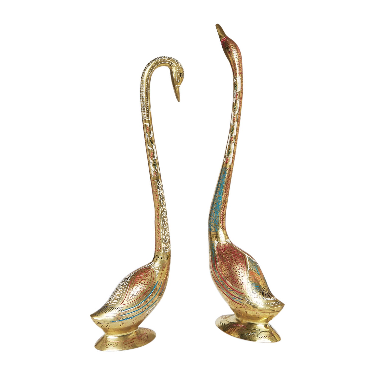 The Bombay Store Brass Swan Set Small with Colourful Engraving
