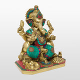 Load image into Gallery viewer, Brass Engraved Puja Ganesh with Stonework 12 in