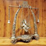 Afbeelding in Gallery-weergave laden, Brass Ganesha on Swing with Tusk 34.5 in