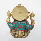 Load image into Gallery viewer, Brass Ganesh in Floral Stonework 8 in