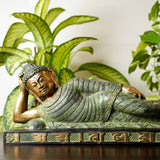 गैलरी व्यूवर में इमेज लोड करें, Brass Relaxing Buddha in Green stone finish 20 in
