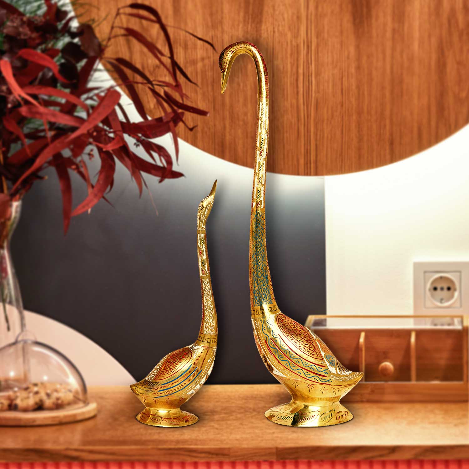 The Bombay Store Brass Swan Set Big with Colourful Engraving