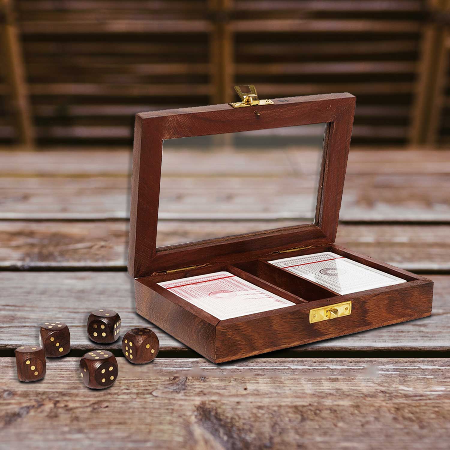 card set with dices in wooden box