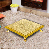 Load image into Gallery viewer, Wooden Chowki with Brass Floral Engraving (Small) - 8 in x 8 in